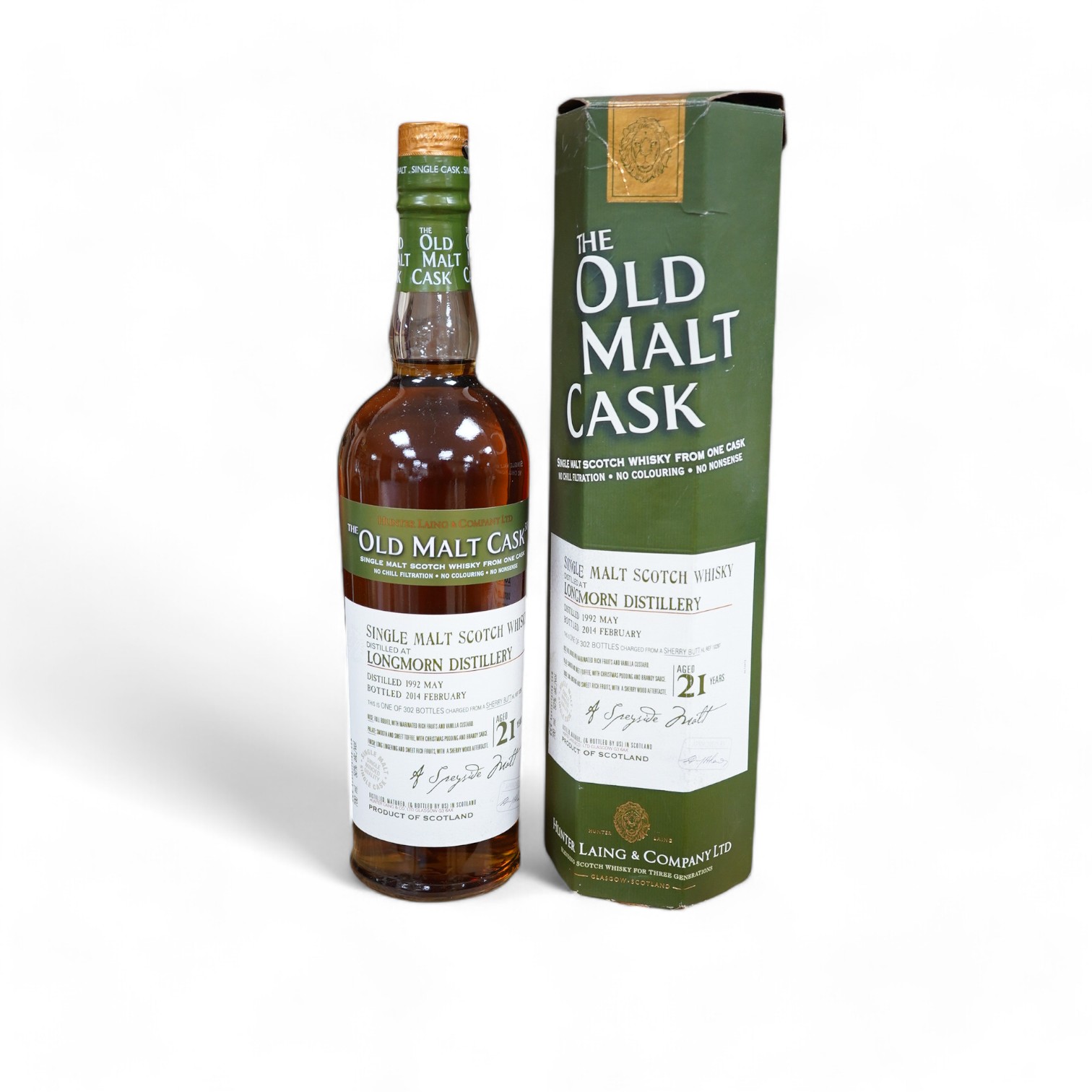 A boxed The Old Malt Cask 21 year Longmorn whisky, distilled May 1992, bottled February 2014. Condition - good